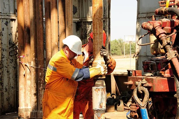 Two workers, one in yellow coveralls and the other in red coveralls, wearing white helmets and gloves, working together on a rusty metal pipe at an industrial site.