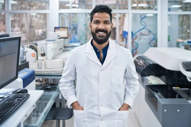 A smiling male scientist wearing a white lab coat in a laboratory with scientific equipment and glassware in the background.
