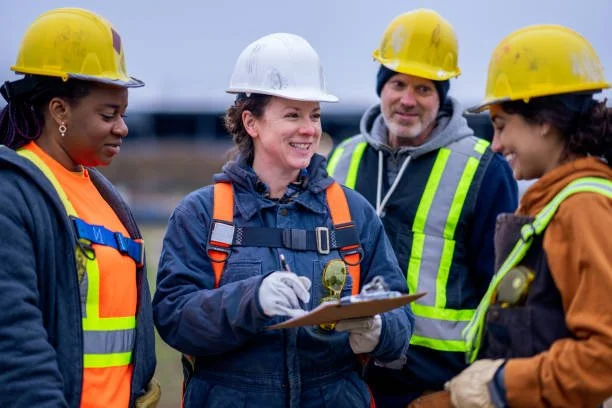 Four construction workers, wearing safety helmets and reflective vests, standing outdoors and looking at a clipboard.