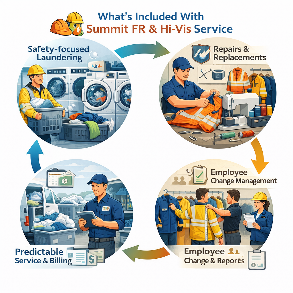 A circular infographic illustrating a service process for Summit FR & Hi-Vis. It shows safety-focused laundering with washing machines, repair and replacement of safety gear, employee change management with staff in high-visibility and uniform clothing, and predictable service and billing with an employee managing laundry loads. Arrows connect each stage in a cycle.