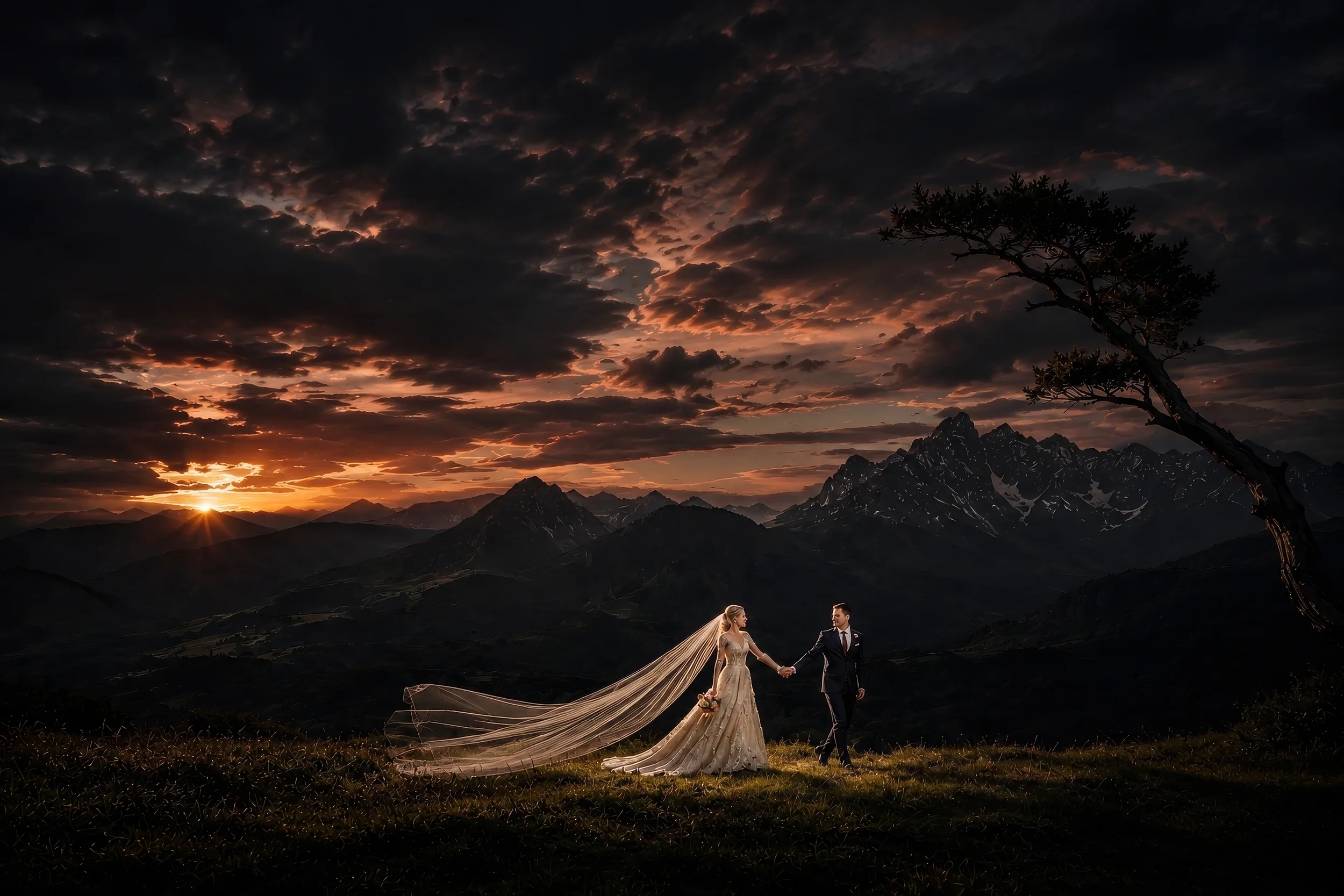 A man proposes to a woman on the beach at sunset under a decorated canopy with the words 'Marry Me' lit up in the background. The man is kneeling with a ring, and the woman appears surprised and emotional.
