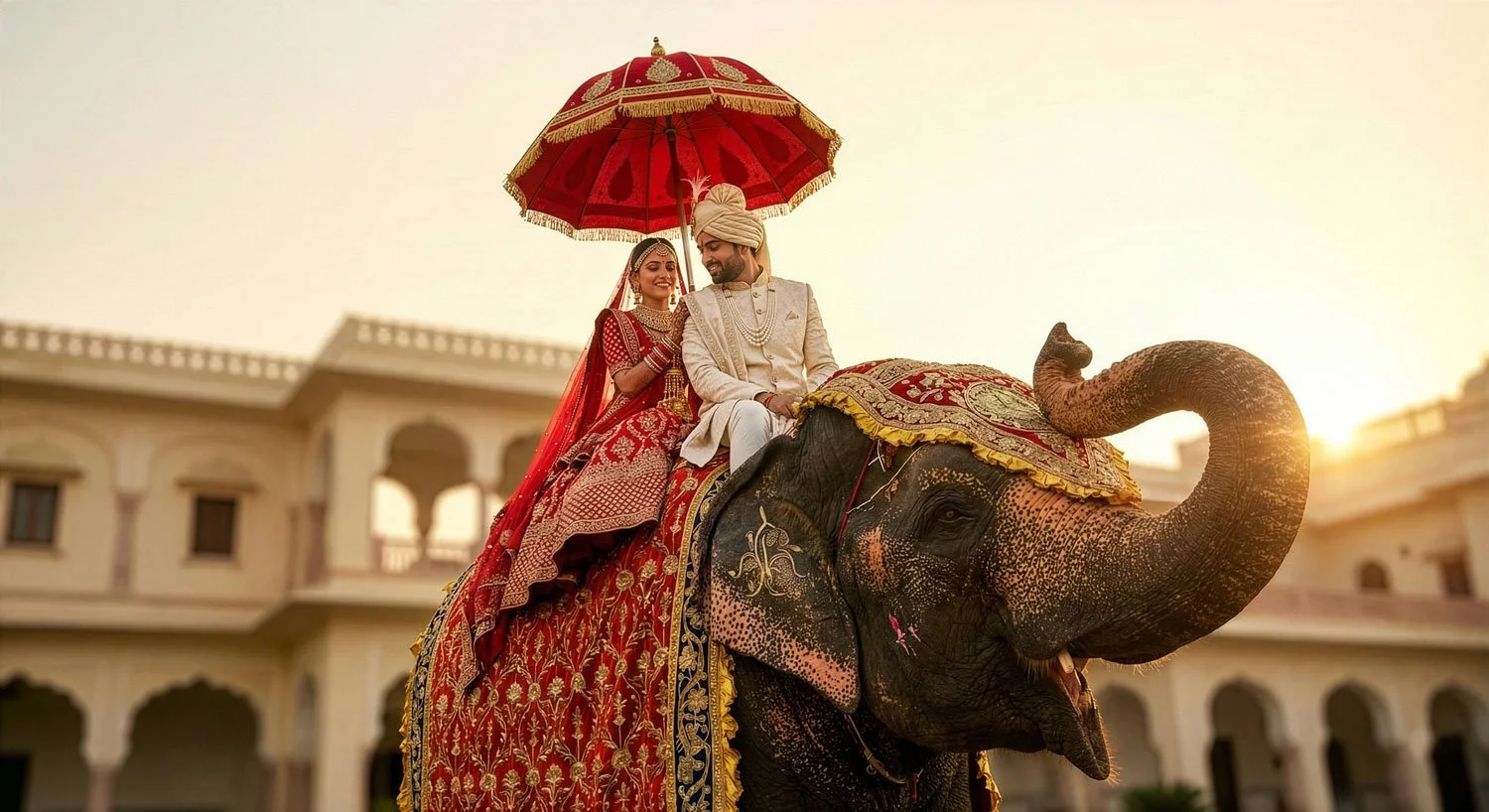 Indian Wedding Couple on an Elephant Tradition