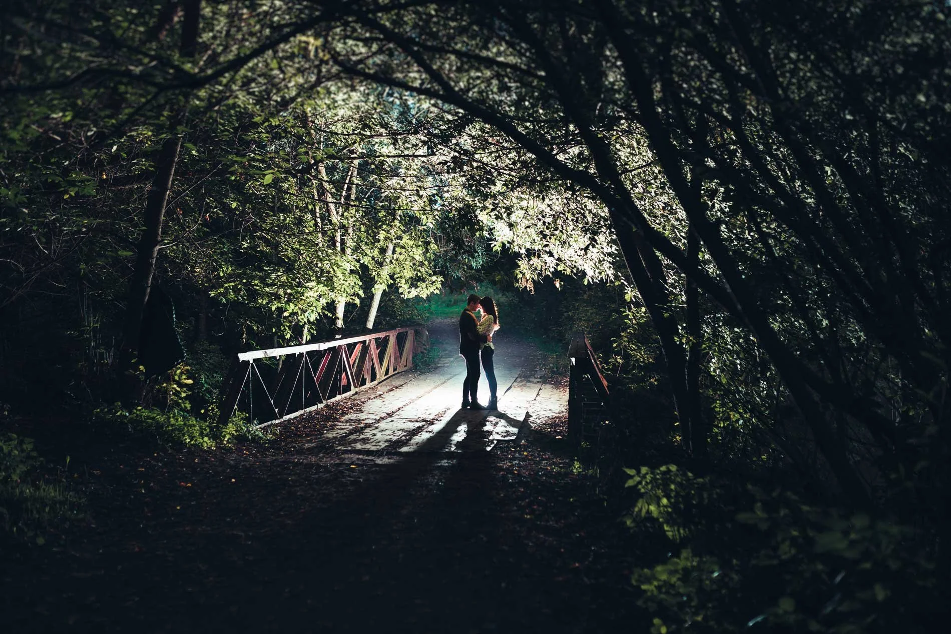A couple is standing close together on a small bridge in a forest at night, illuminated by a light source, creating shadows and highlighting the surrounding trees.