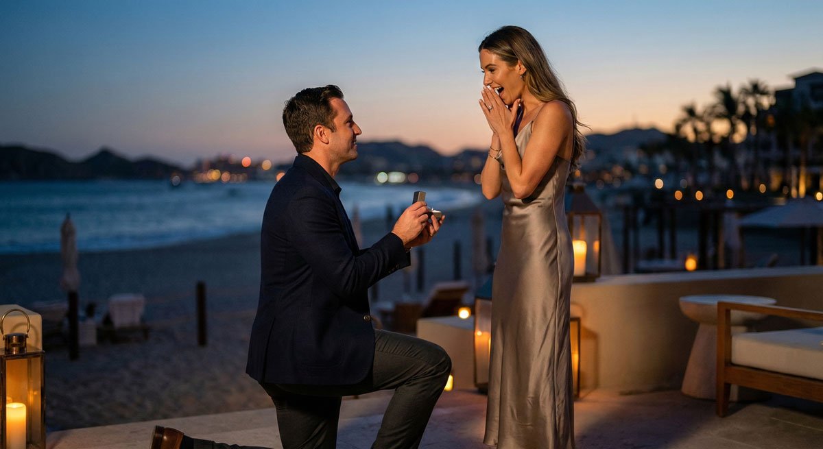 Groom Proposing the bride near beah side in a restaurant