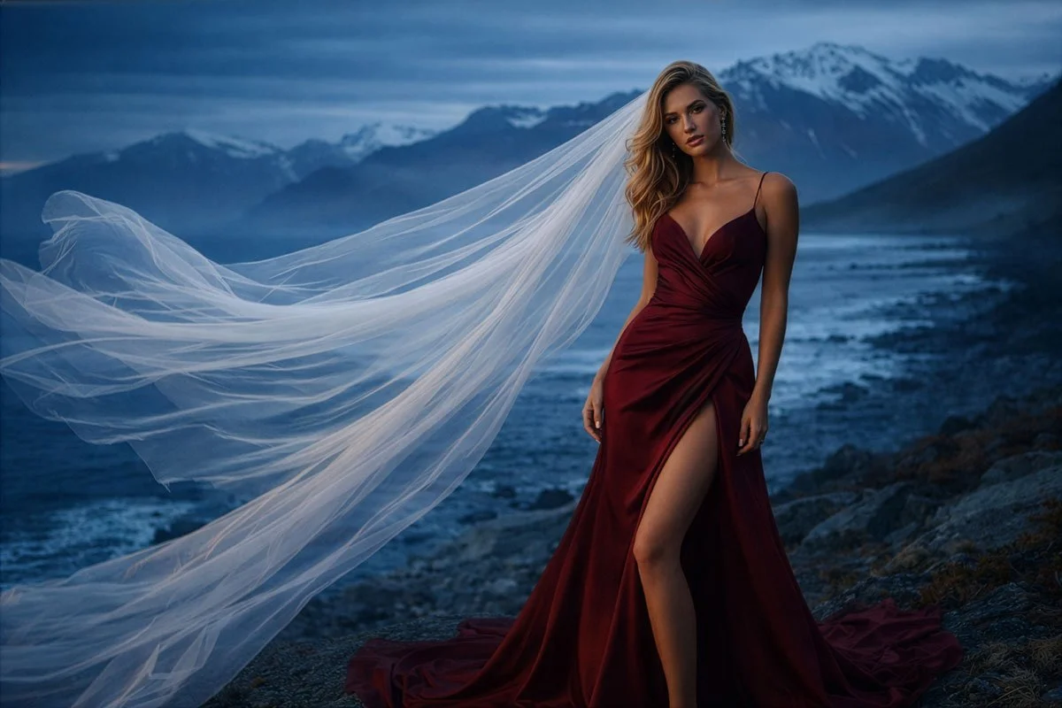 Bridal Photoshoot in a Burgandy Dress in Cold Winters