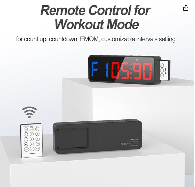 A digital clock displaying 05:90 in red and blue colors, a remote control, and a black device, with text indicating remote control for workout mode with customizable intervals, on a white background.