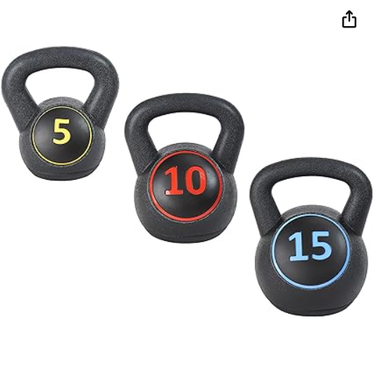 Three kettlebells with weights 5, 10, and 15 pounds, colored yellow, red, and blue respectively.