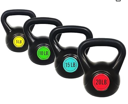 Four black kettlebells with colored labels indicating weight: 5 pounds, 10 pounds, 15 pounds, and 20 pounds from left to right.
