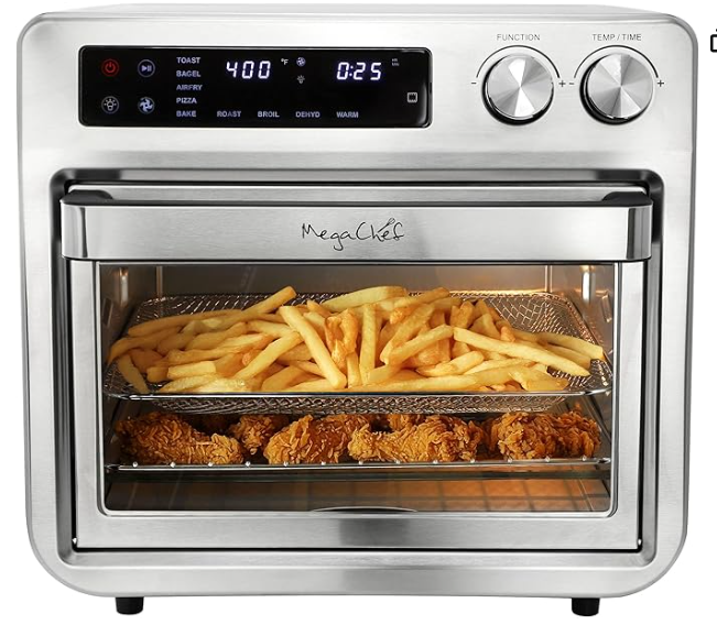 An air fryer oven with French fries and fried chicken inside, digital display showing temperature and time, and control knobs on top.