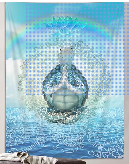 Cartoon turtle with a blue body and shell, meditating in a floating lotus position beneath a water lily, against a backdrop of a rainbow and calm water with decorative patterns.