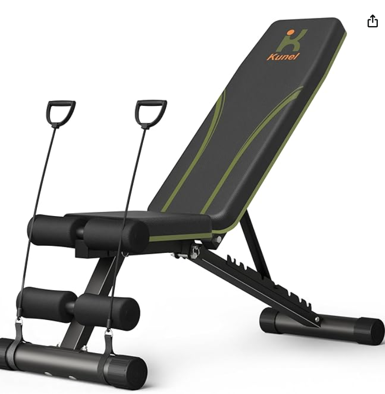 A black and green adjustable workout bench with resistance bands attached and a brand logo on the backrest.