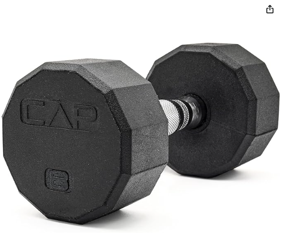 A black weightlifting dumbbell with a hexagonal shape and textured handle.