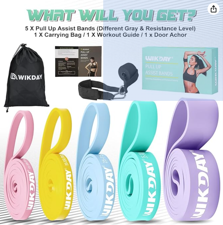 A fitness set including five resistance bands in pink, yellow, light blue, turquoise, and purple, each labeled 'WIKDAY', a black carrying bag with 'WIKDAY' logo, a workout guide, a door anchor, and a pair of pull-up assist bands in dark gray and resistance levels, all displayed against a white background.