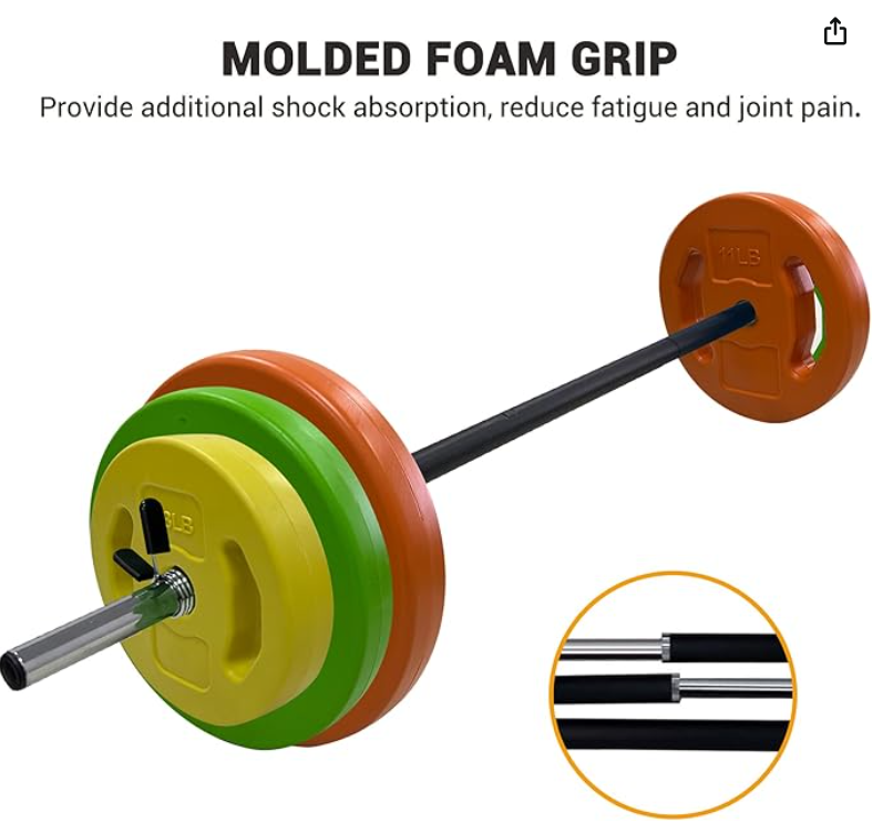 Colorful barbell with molded foam grip, yellow, green, red weight plates, and a close-up of the barbell's joint connection.