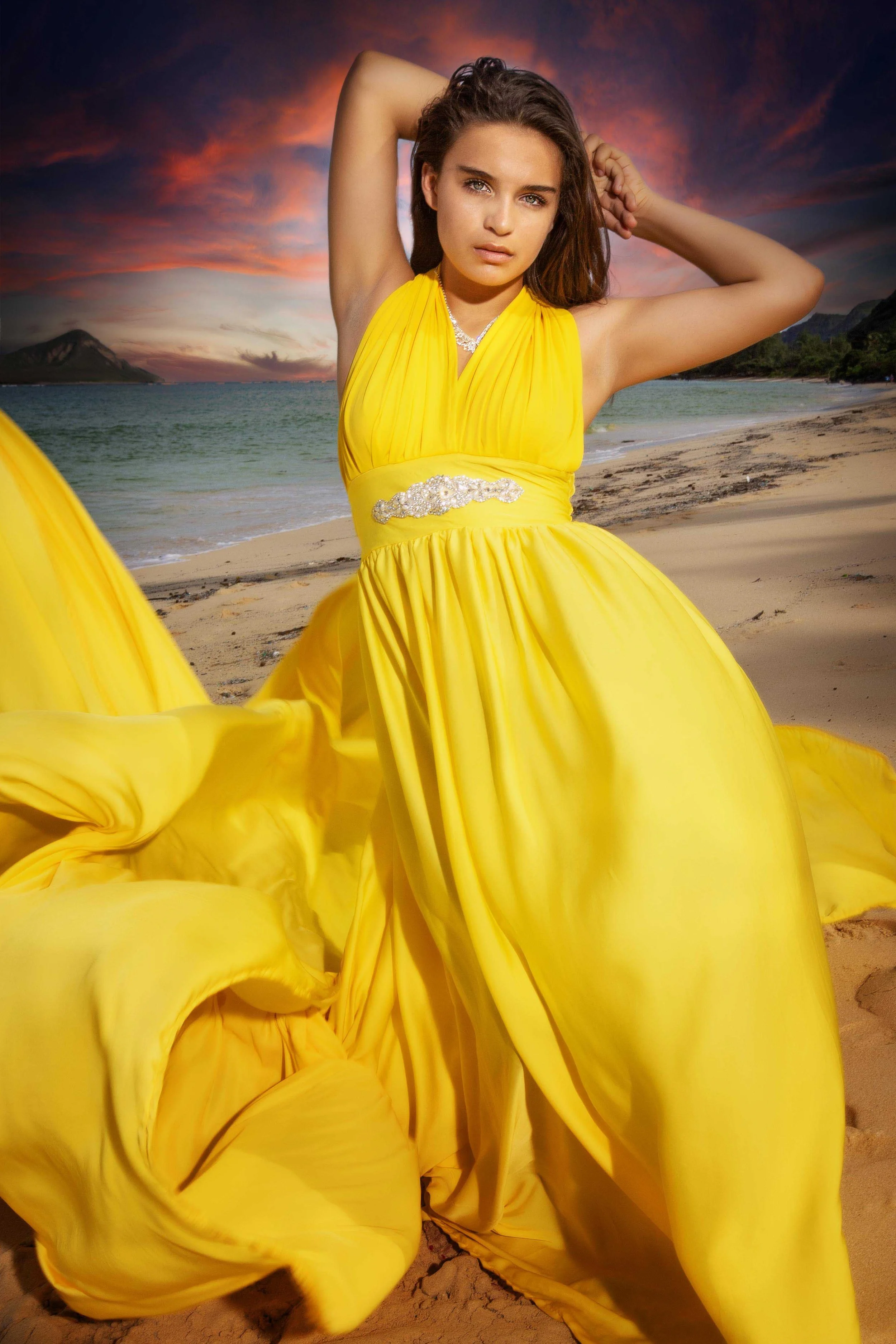 flying dress portrait senior girl yellow on the beach