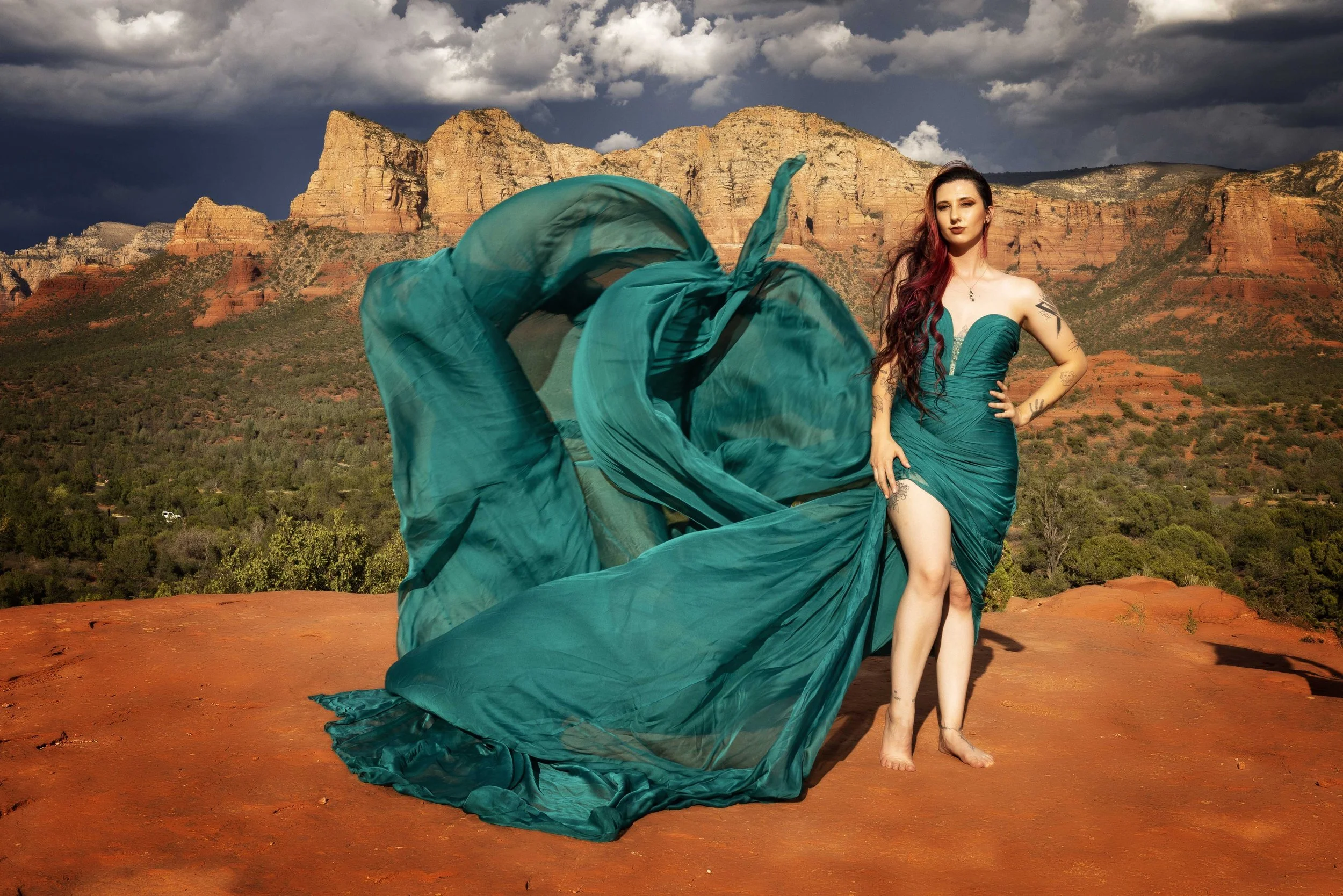 lady in a green flying dress photo in Sedona 