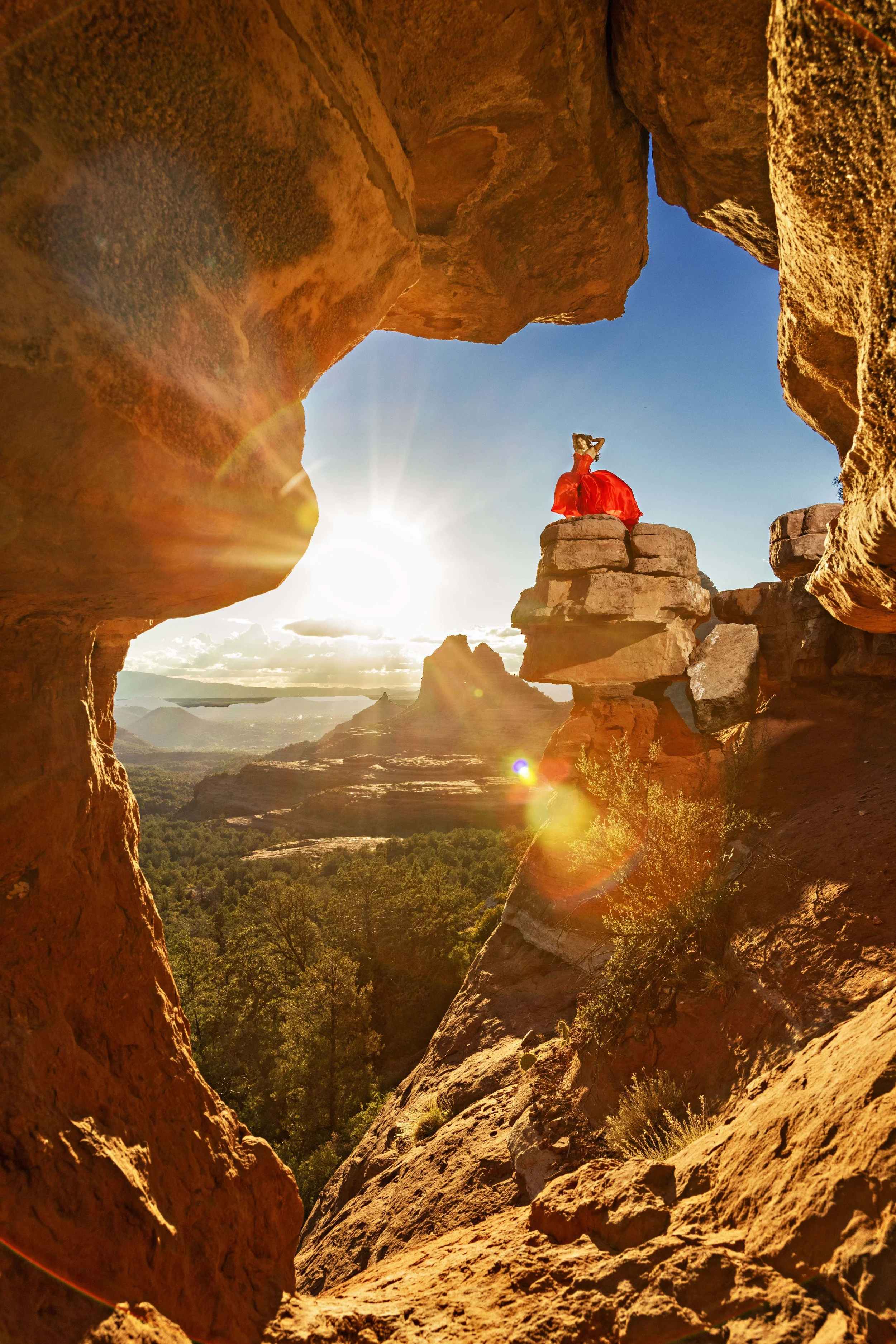 red flying dress portrait at sunset in Sedona,az