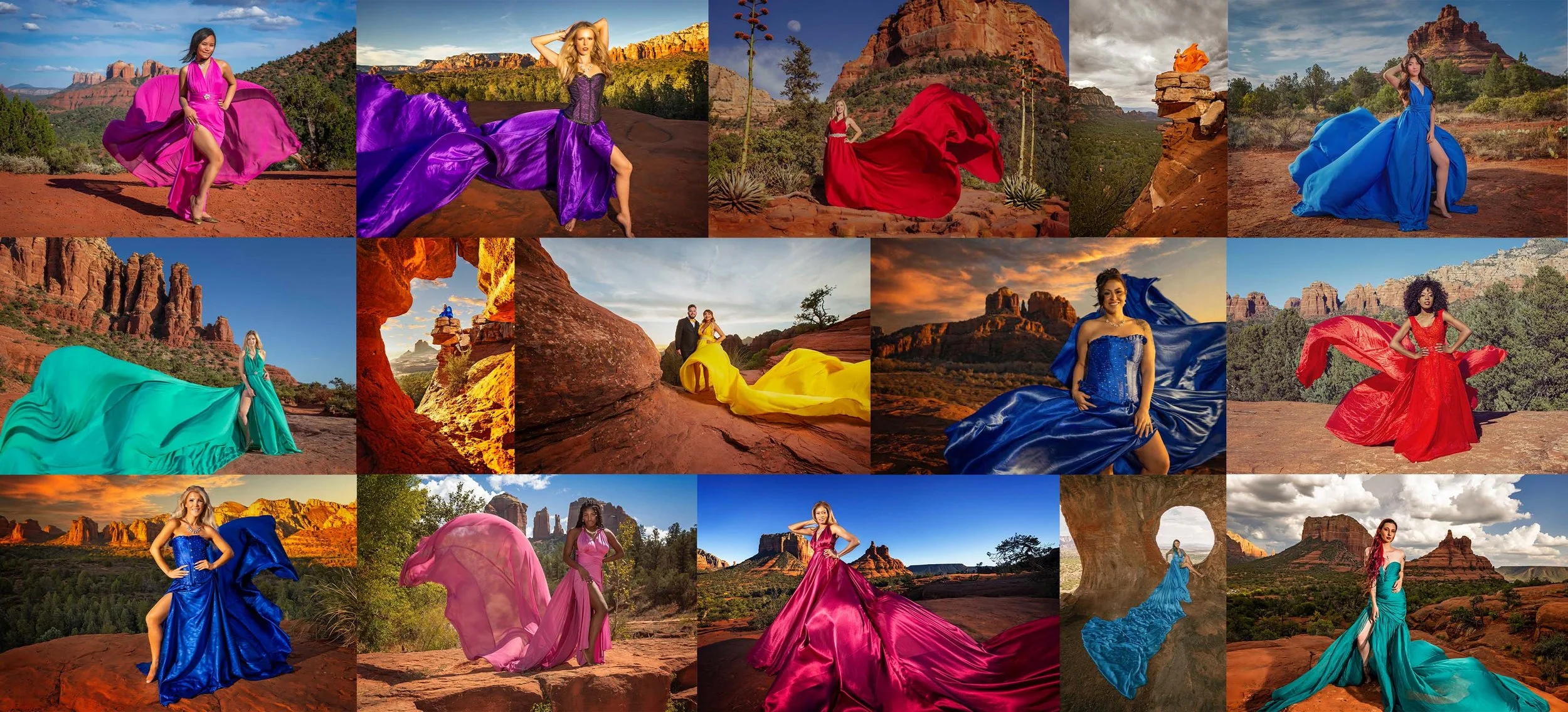 a vibrant collage of Sedona flying dress photos showcasing stunning clients in various colors of flowing gowns, set against Sedona's dramatic red rock landscape. Each image highlights the dynamic motion and elegance of the dress, captured at sunset.