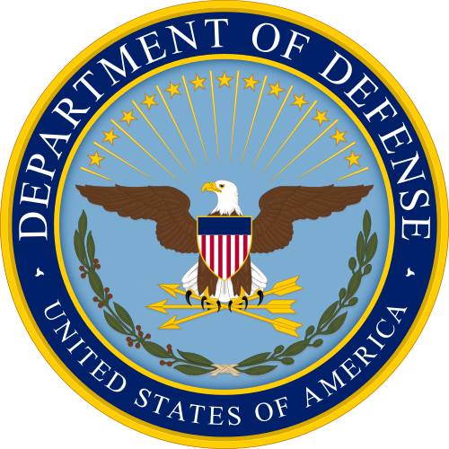 Seal of the Department of Defense featuring an American bald eagle with outstretched wings, clutching arrows and an olive branch, surrounded by a blue ring with gold stars and the text 'Department of Defense' and 'United States of America.'
