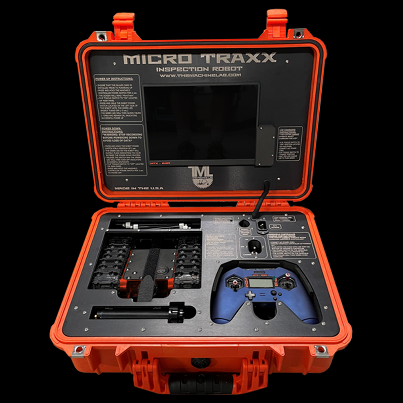 A red and black inspection robot case open to show a drone-like device with a controller, camera, and other components for inspection tasks.