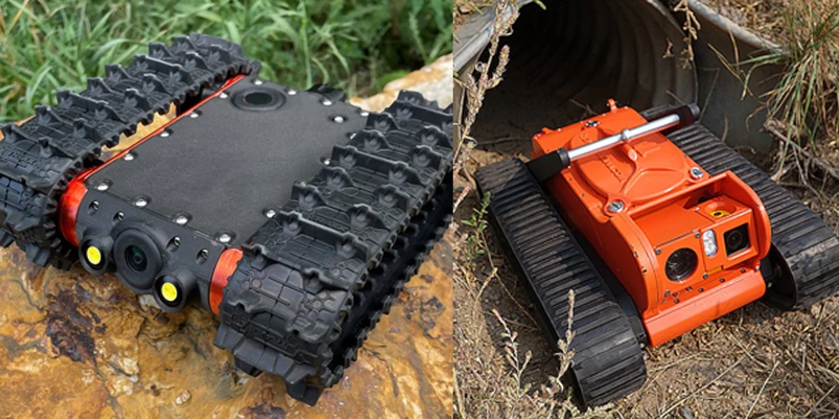 Two robotic vehicles, one with tracked wheels outdoors on rocky terrain, and another with a red body on treads emerging from a pipe in a dirt area.