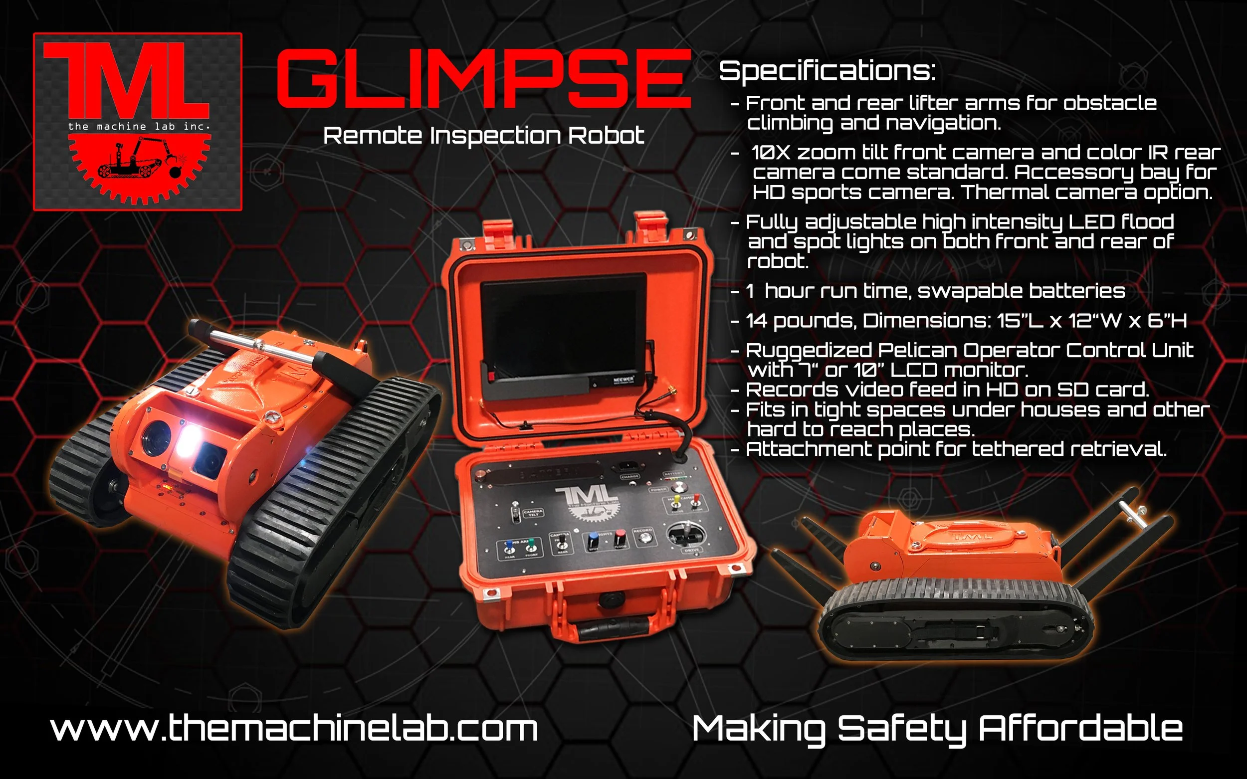 A remote inspection robot with tracks and a control unit in a protective case, along with a monitor, all set against a black and red hexagonal patterned background. The image displays product specifications and branding for a robotic inspection devic