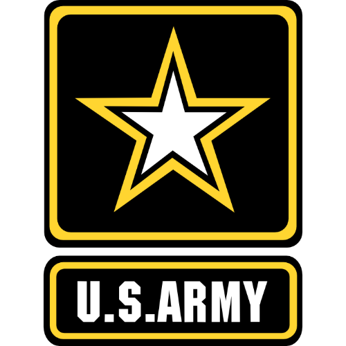 U.S. Army logo with a white star outlined in black and gold, inside a black square with rounded corners. Below, a yellow-bordered rectangle contains the text 'U.S. ARMY' in white.