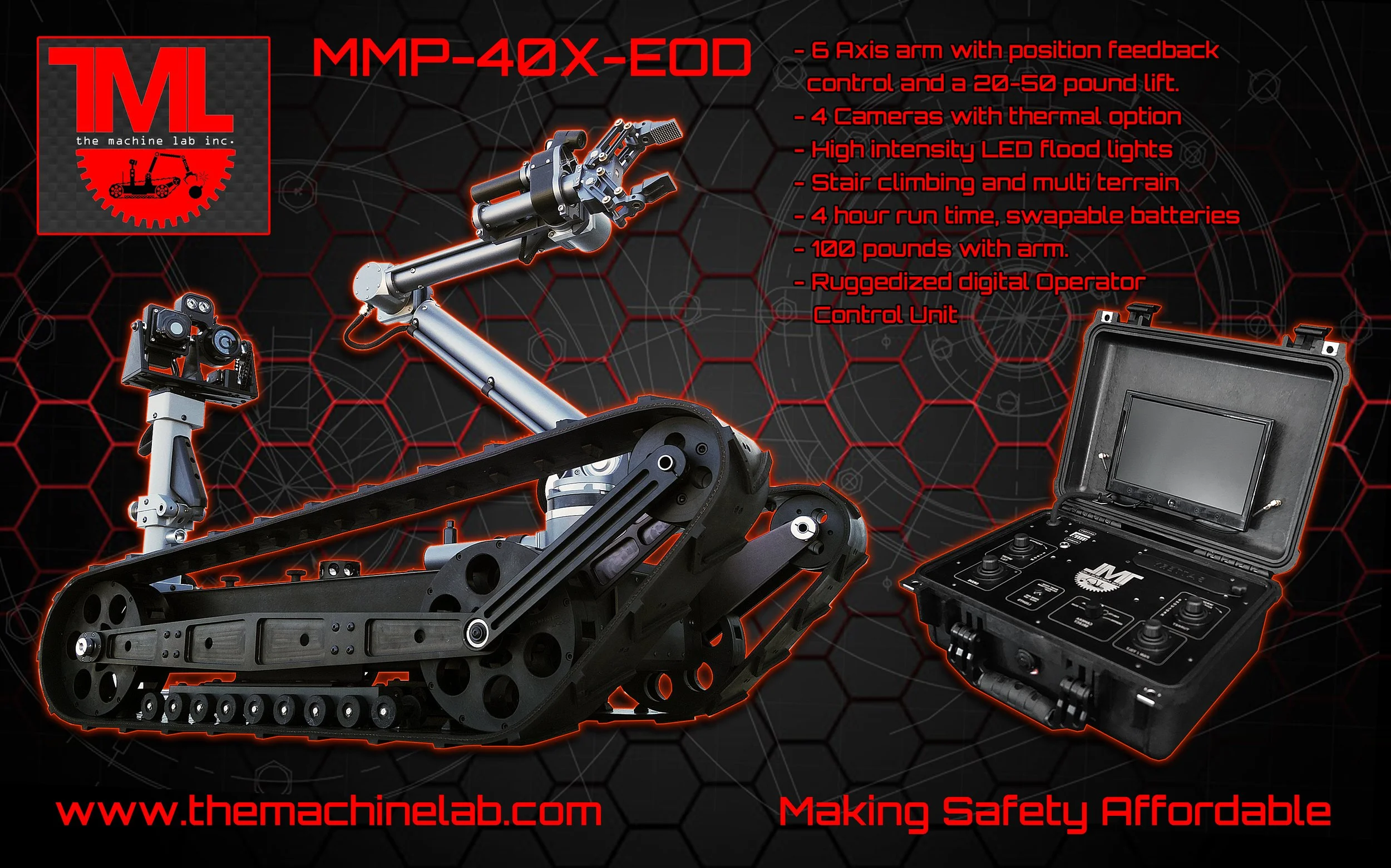 Close-up of a robotic machine with tracks and mechanical arms, alongside a remote control device and a carrying case, set against a black background with red hexagonal patterns and technical diagrams. Text describes the machine's features and website