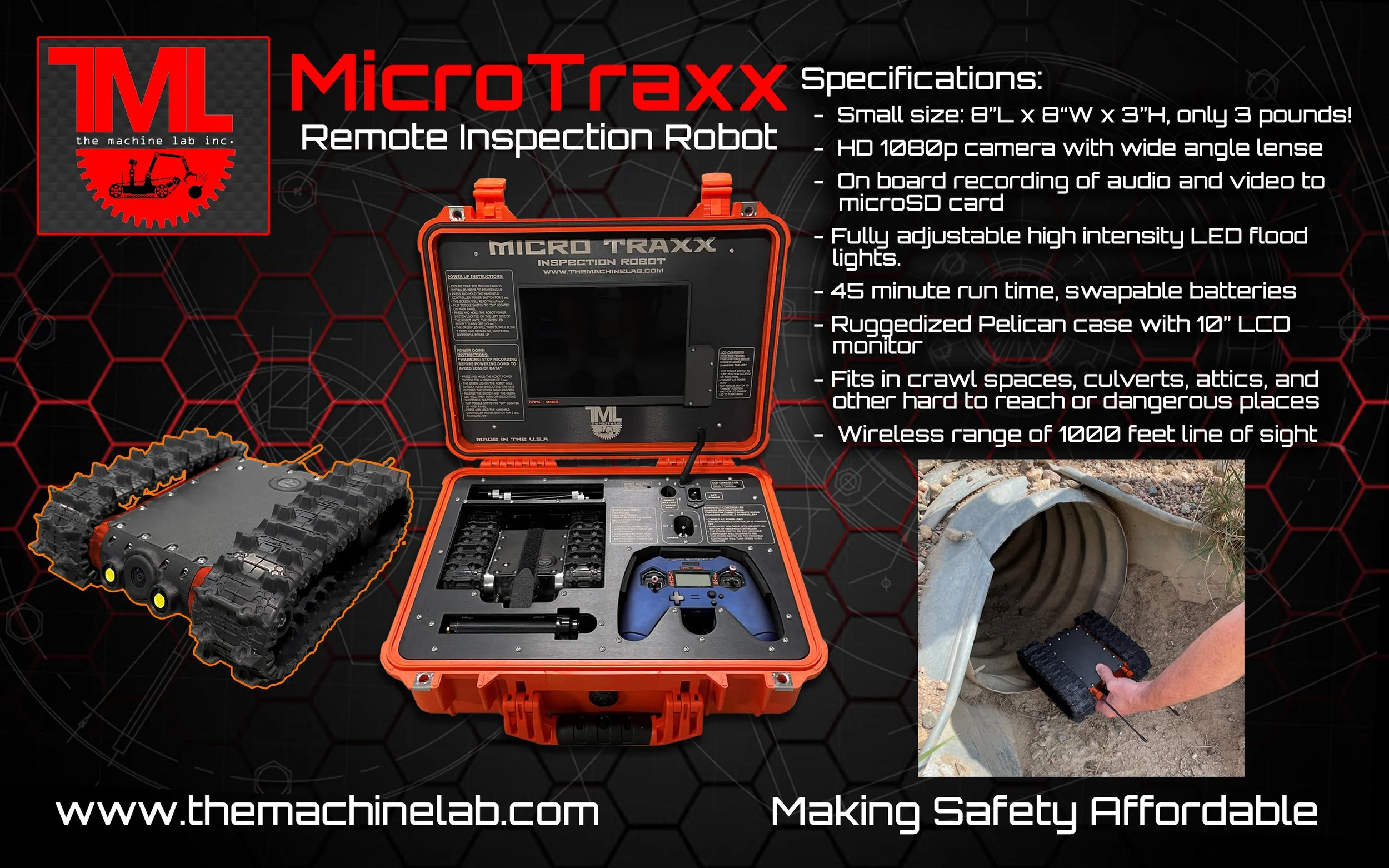 Advertisement for the Micro Traxx Remote Inspection Robot by The Machine Lab Inc., featuring a rugged orange carrying case with a monitor, a remote control, and a tracked robot with orange accents. The ad lists specifications such as size, camera, au