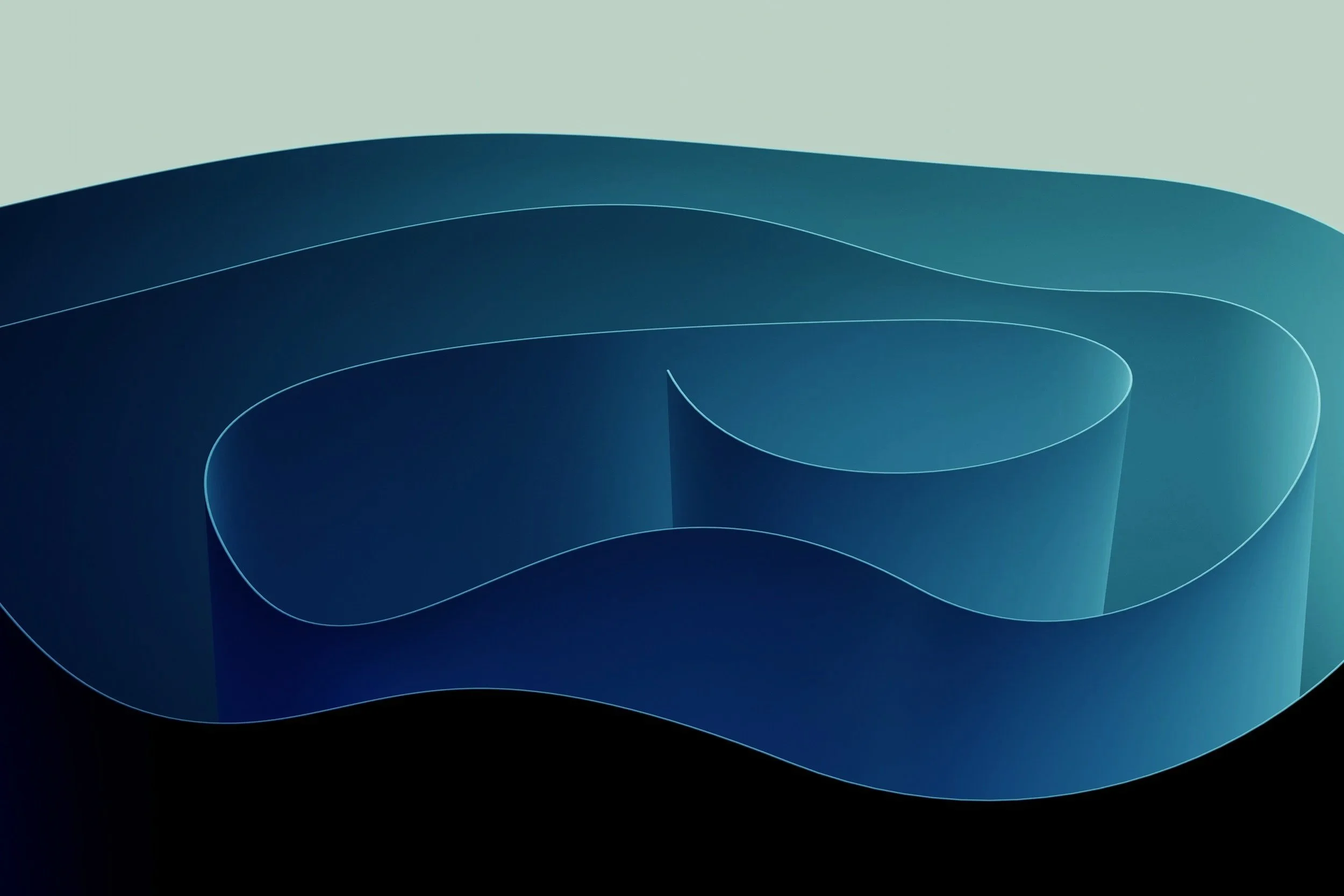 Abstract digital art with flowing, layered blue shapes on a black and light green background.