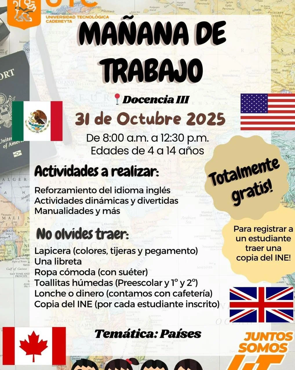 🎨📚 ¡Este 31 de Octubre ven a la Mañana de Trabajo en la UT Cadereyta!
🕗 8:00 a.m. - 12:30 p.m.
👧👦 Edades: 4 - 14 años
Disfrutaremos de manualidades, dinámicas y refuerzo de inglés. 💡🎉
No olvides: copia del I