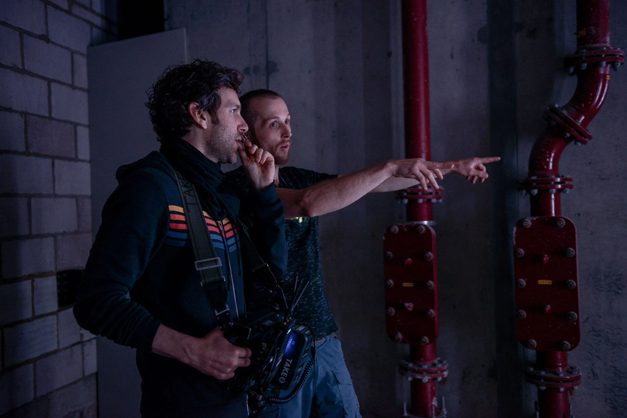 Director GMUNK and DOP James Medcraft discussing the shot on the set of the making of the video  Lucid (Client Flyng Screens Ltd) BTS photo by Antonio Pagano