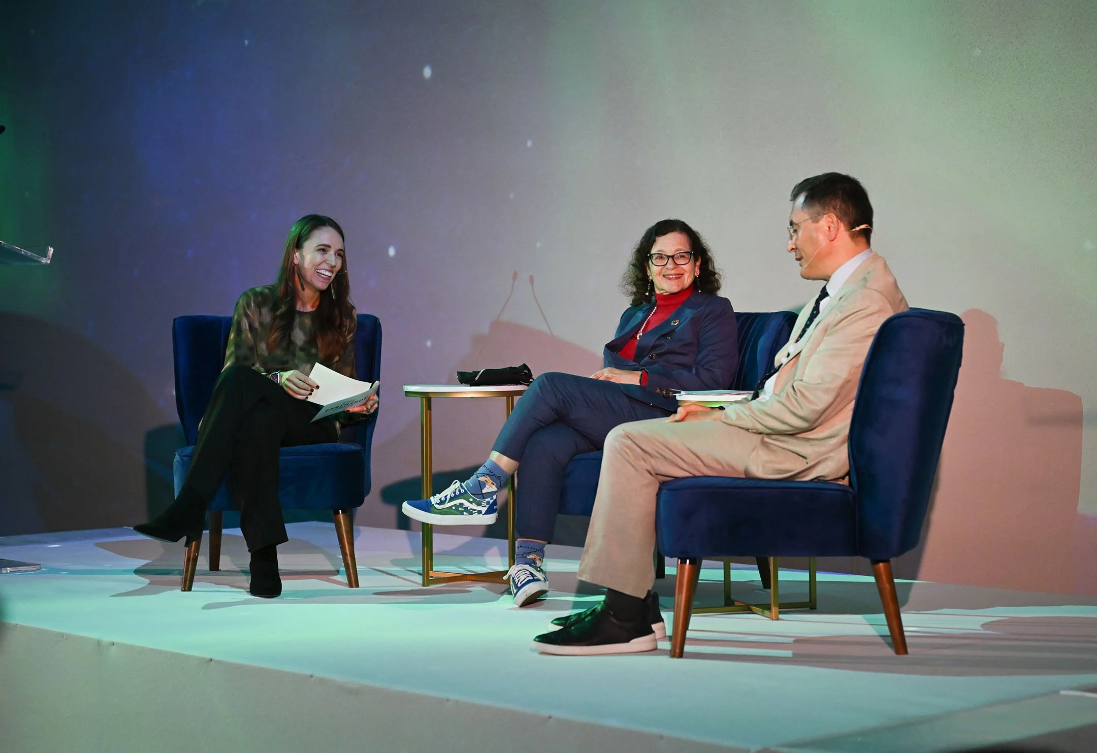 The Earthshot Prize Trustee, Jacinda Arden, chairs a panel discussion with advisor Christopher Hohn and Lanzatech's Jennifer Holmgren at the launch of The Earthshot Prize Launchpad, Frameless Museum, London