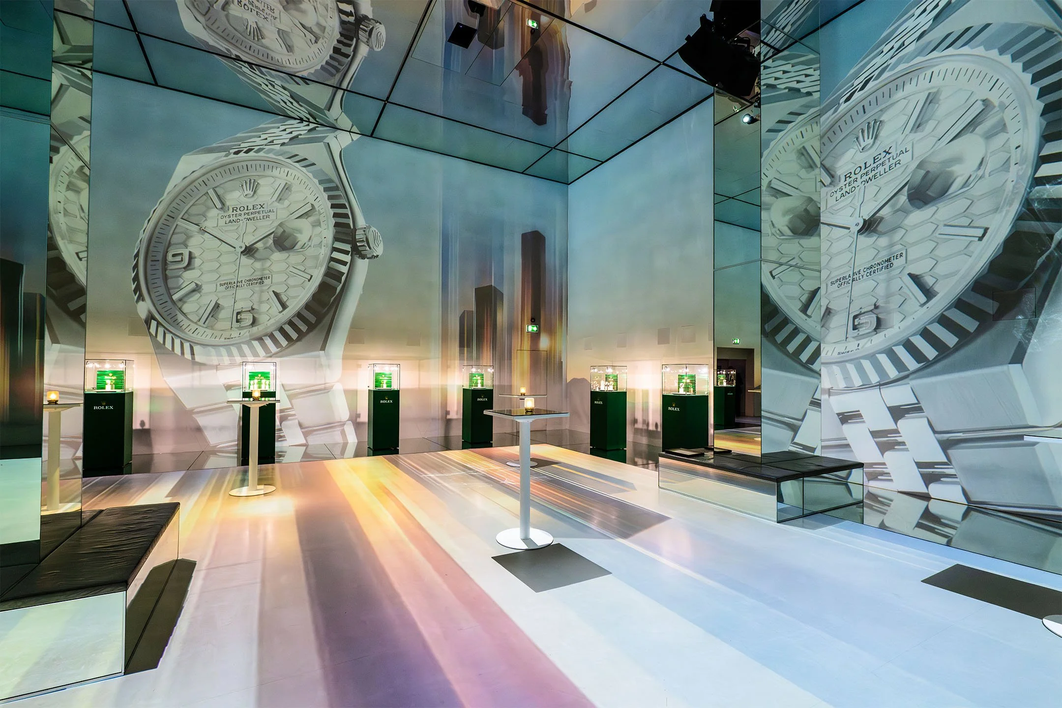 Rolex launch & gala dinner by DMR (David M Robinson-Jewellery & Watches) at Frameless immersive museum, London.. A cutting edge showroom displaying Rolex watches the 360 degree Rolex branded visual content.