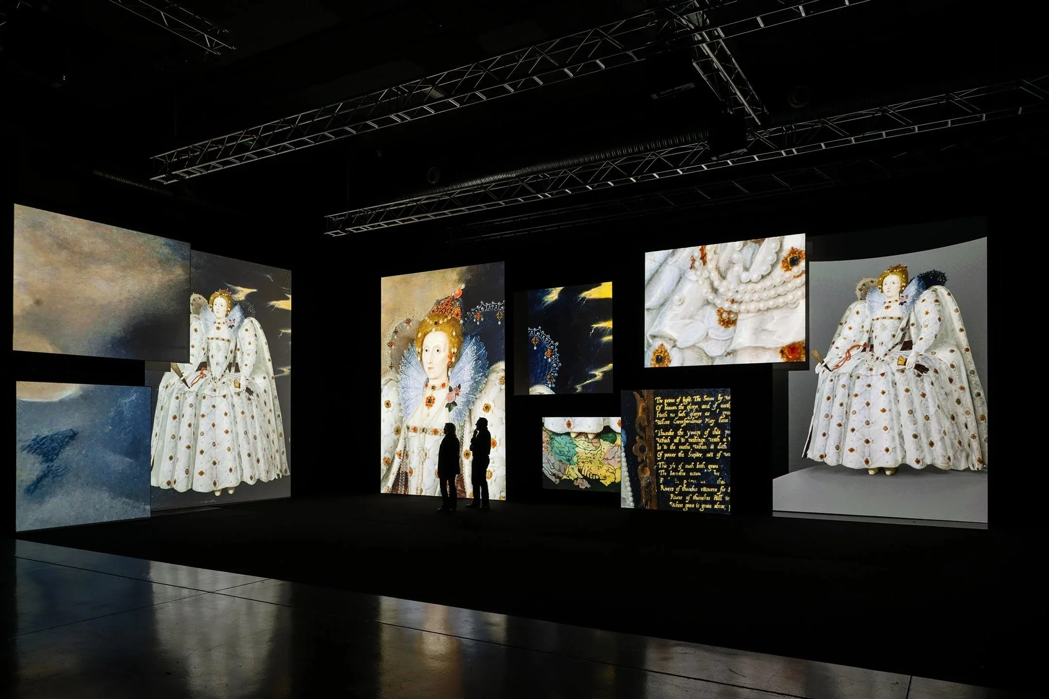 An art installation with multiple  screens displaying images of historical royal portraits and religious artifacts for National Portrait Gallery UNFRAMED  photo © Antonio Pagano