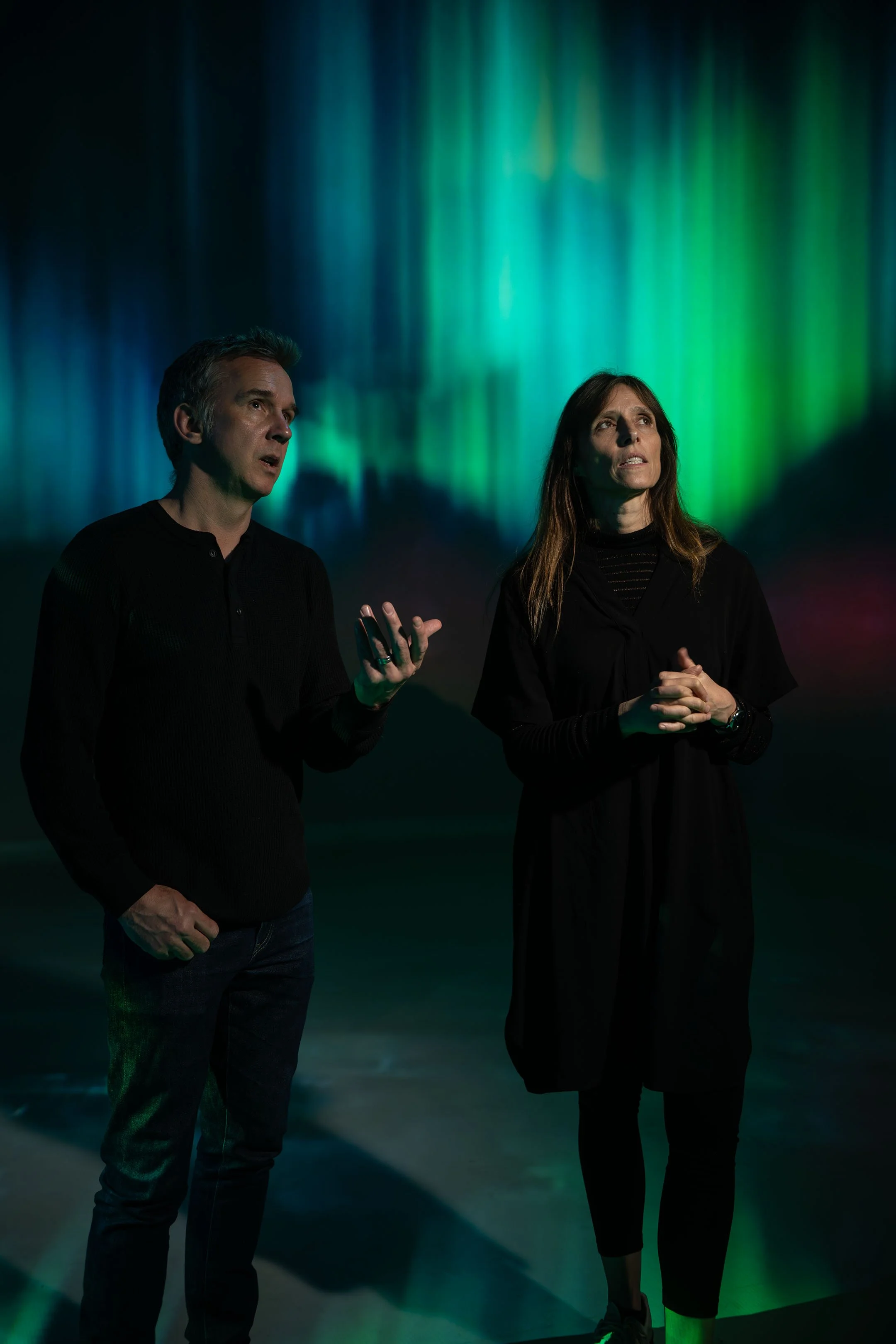 pictured: Art /Technical Dir. Richard Warp  (Pollen music group) with  Art Dir. & Curator Gala Wright  (Richard Wright Music Ltd) at Brainstorm—A Great Gig In The Sky— immersive exhibition at Frameless museum photo © Antonio Pagano