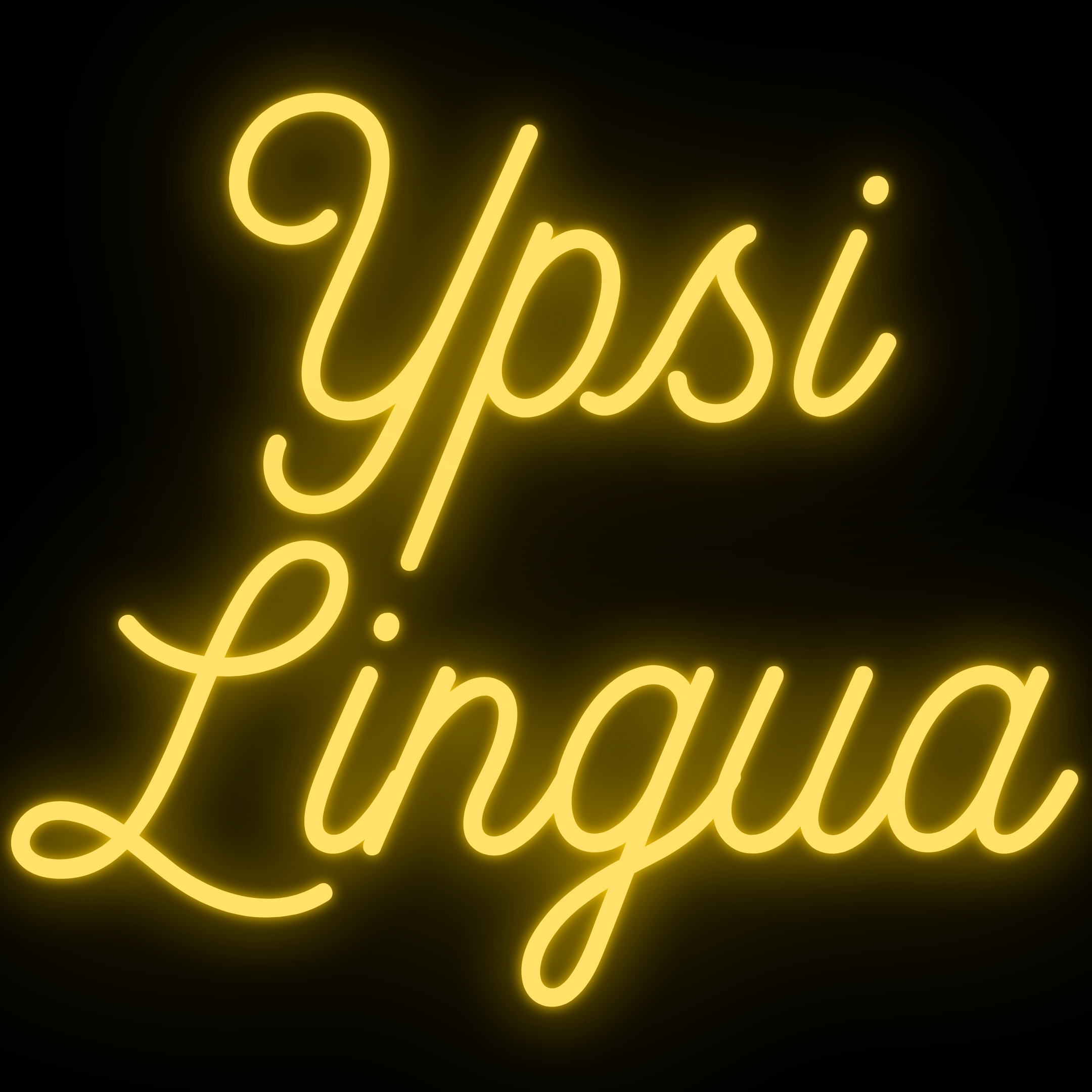 YpsiLingua logo - neon gold text "YpsiLingua" on a black background