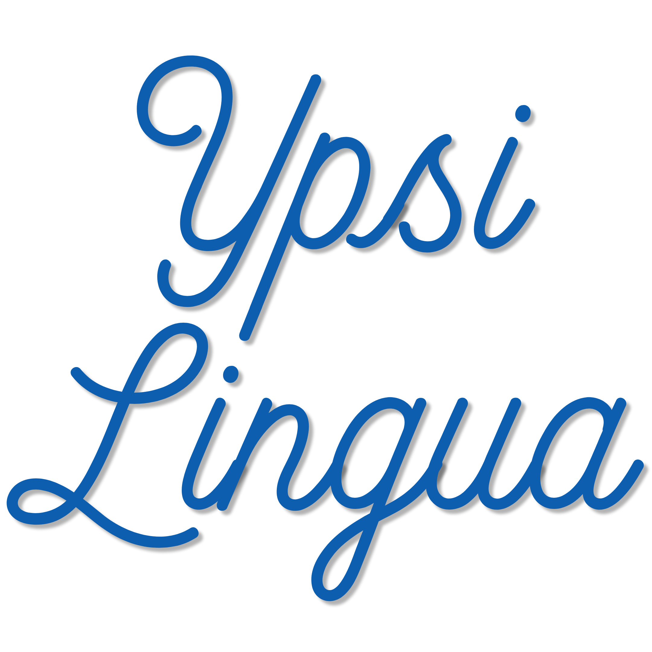 YpsiLingua logo - Greek Blue text “Ypsi Lingua” on a white background