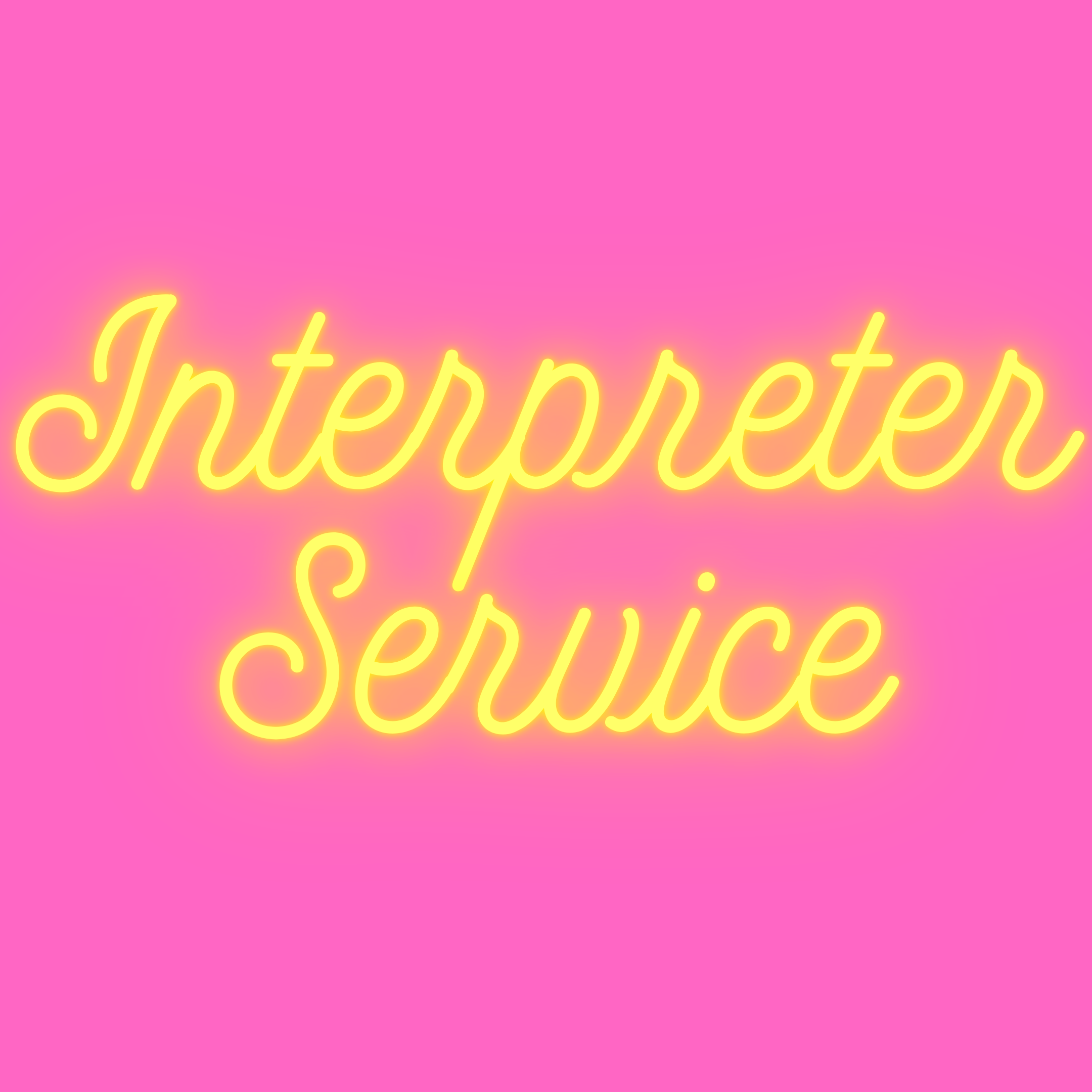 YpsiLingua Interpreter Service logo - neon yellow text “Interpreter Service” on a neon pink background