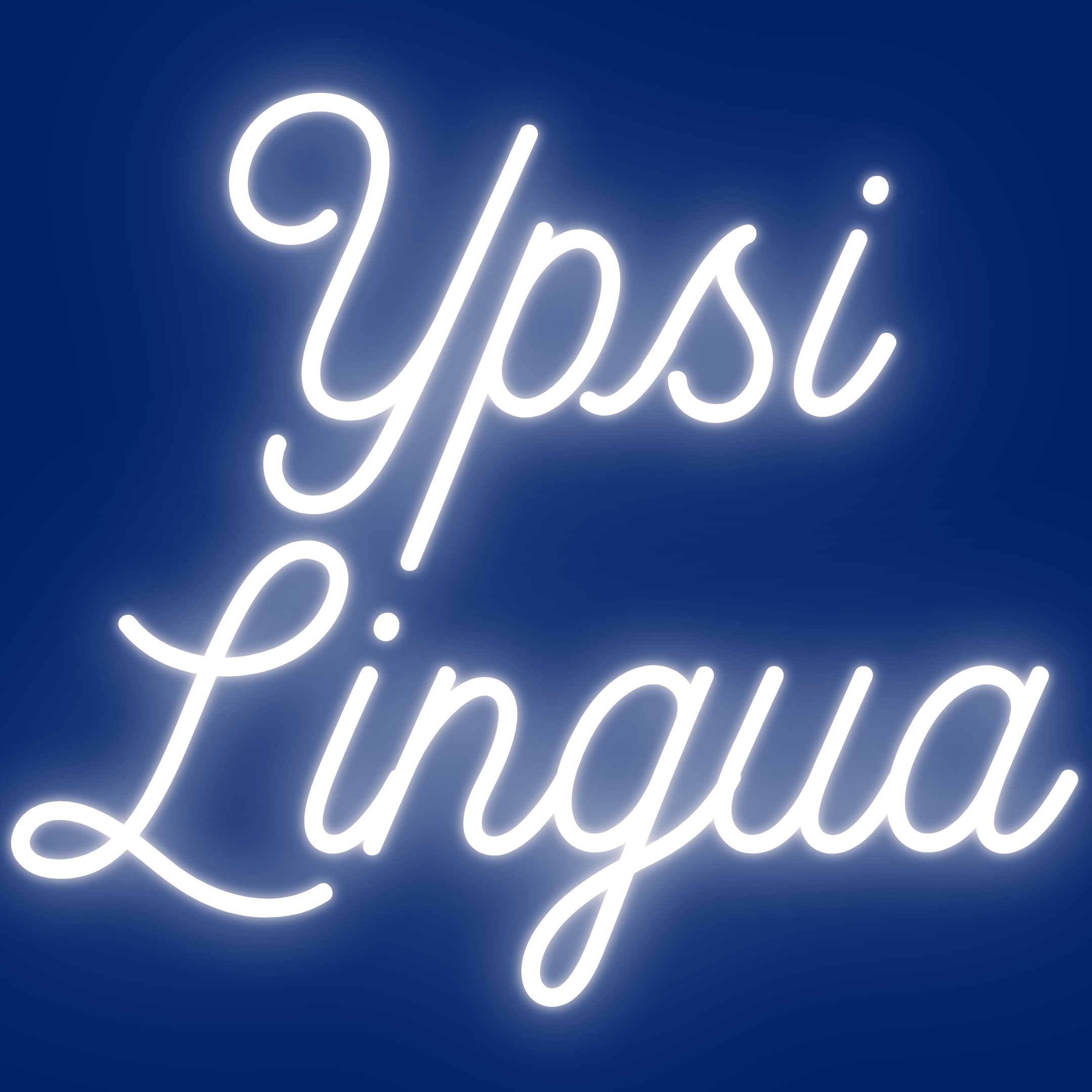 YpsiLingua logo - neon white text “Ypsi Lingua” on a navy blue background
