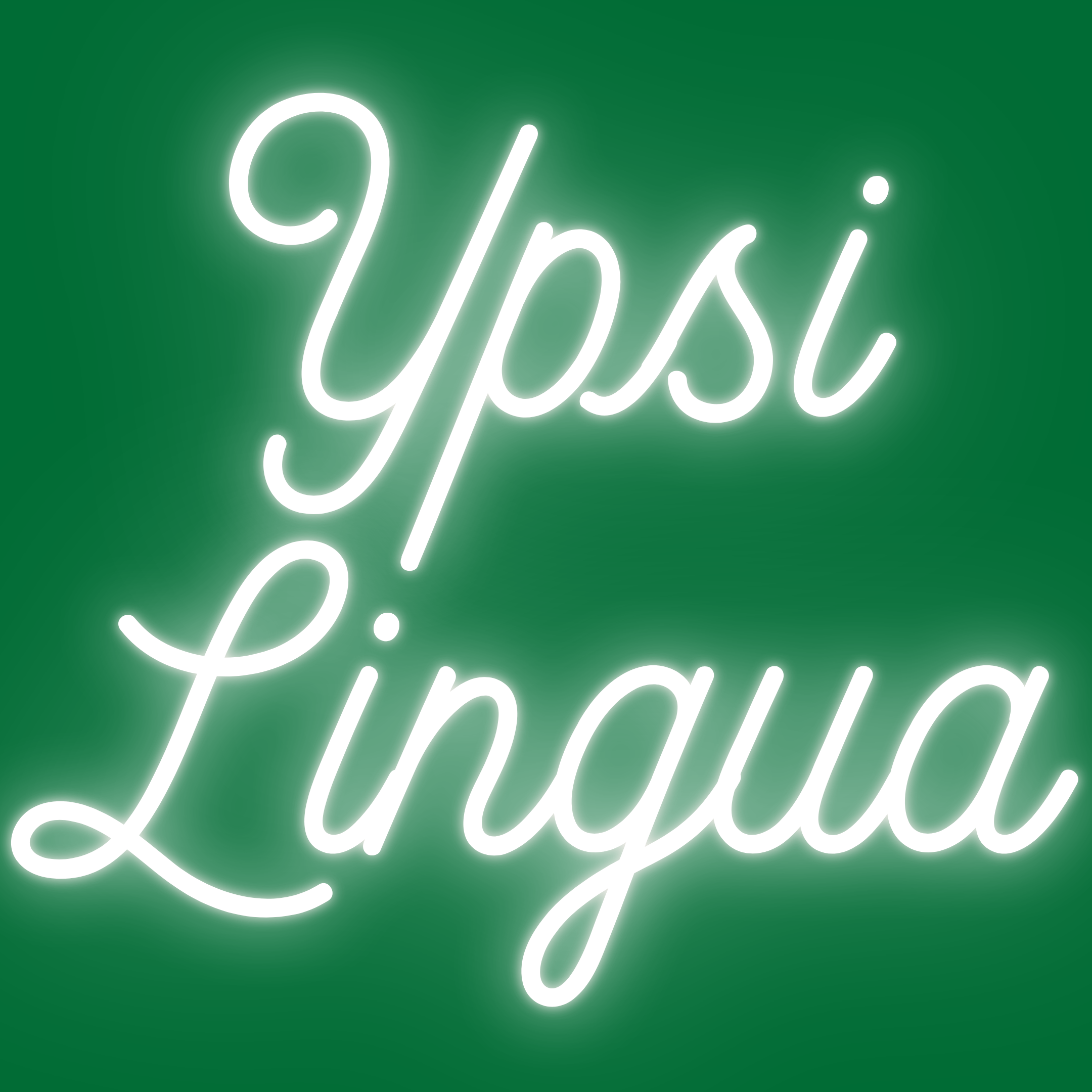 YpsiLingua logo - neon white text 'YpsiLingua" on a dark green background