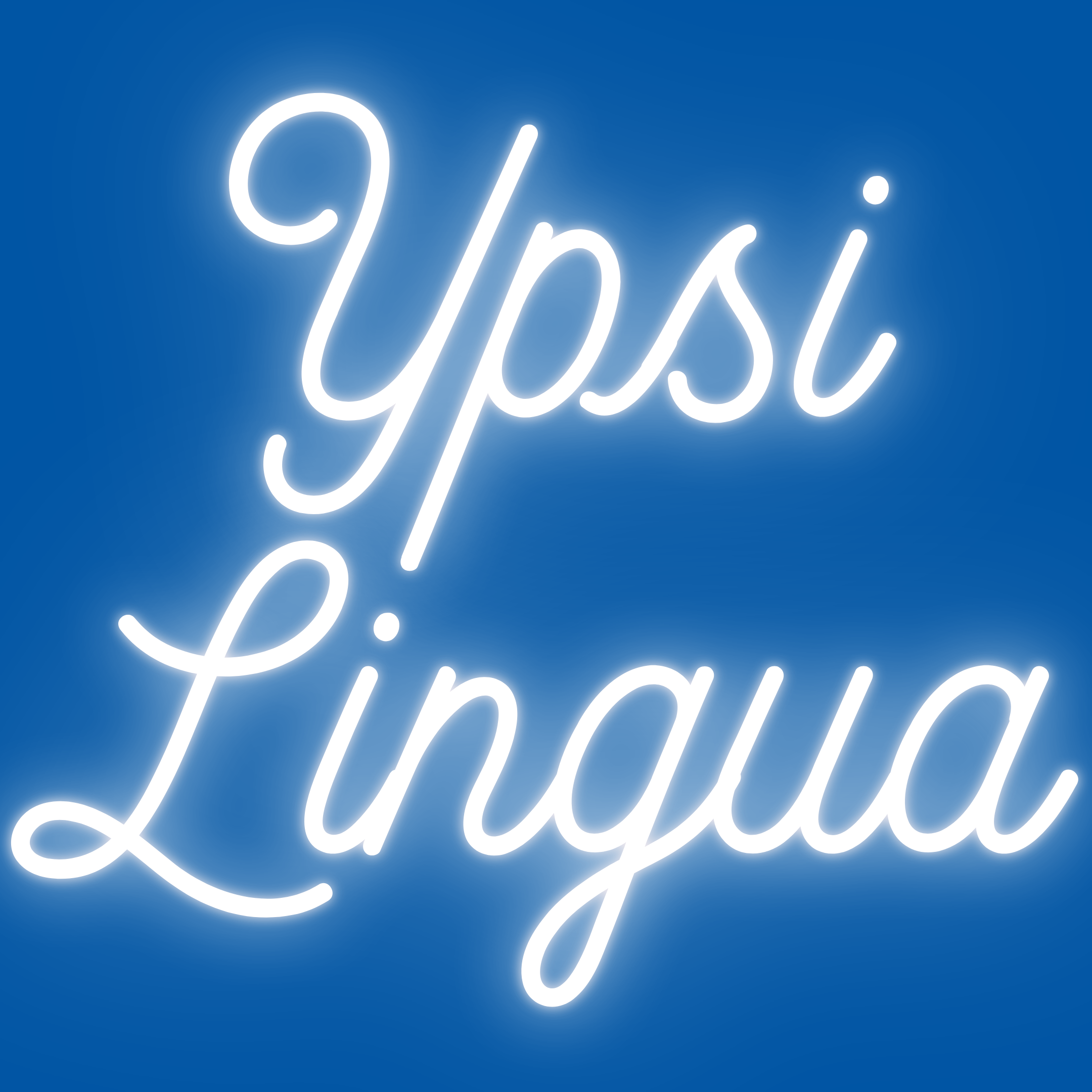 YpsiLingua logo - neon white text "YpsiLingua" on a French Blue background