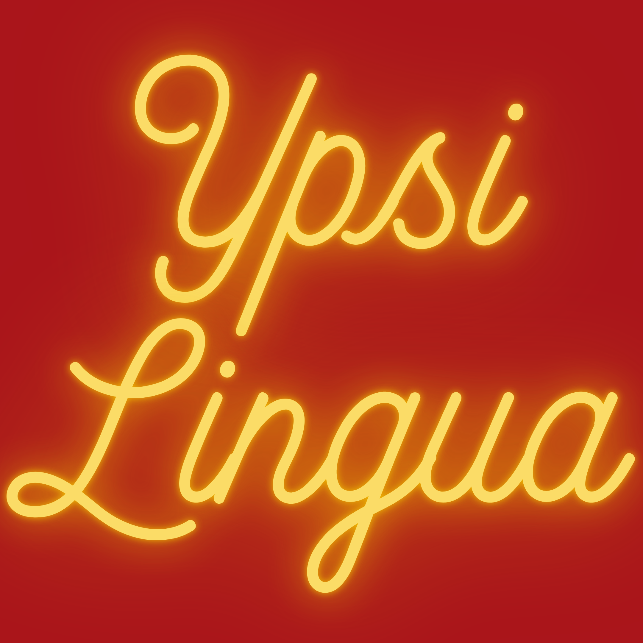 YpsiLingua logo - neon yellow text "YpsiLingua" on a red background