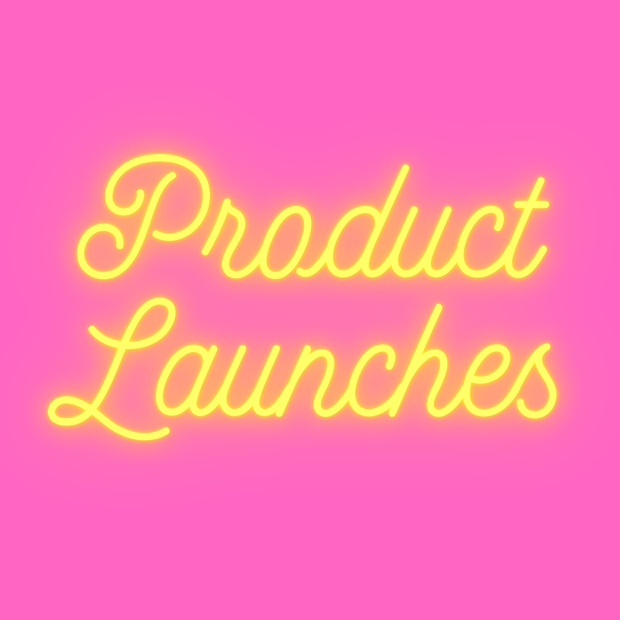 YpsiLingua Product Launches logo - neon yellow text “Product Launches” on a neon pink background