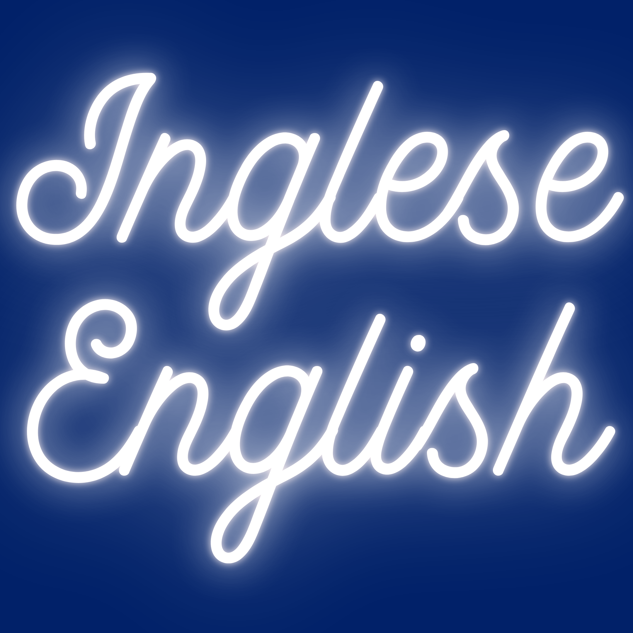neon white text “Inglese English” on a navy blue background