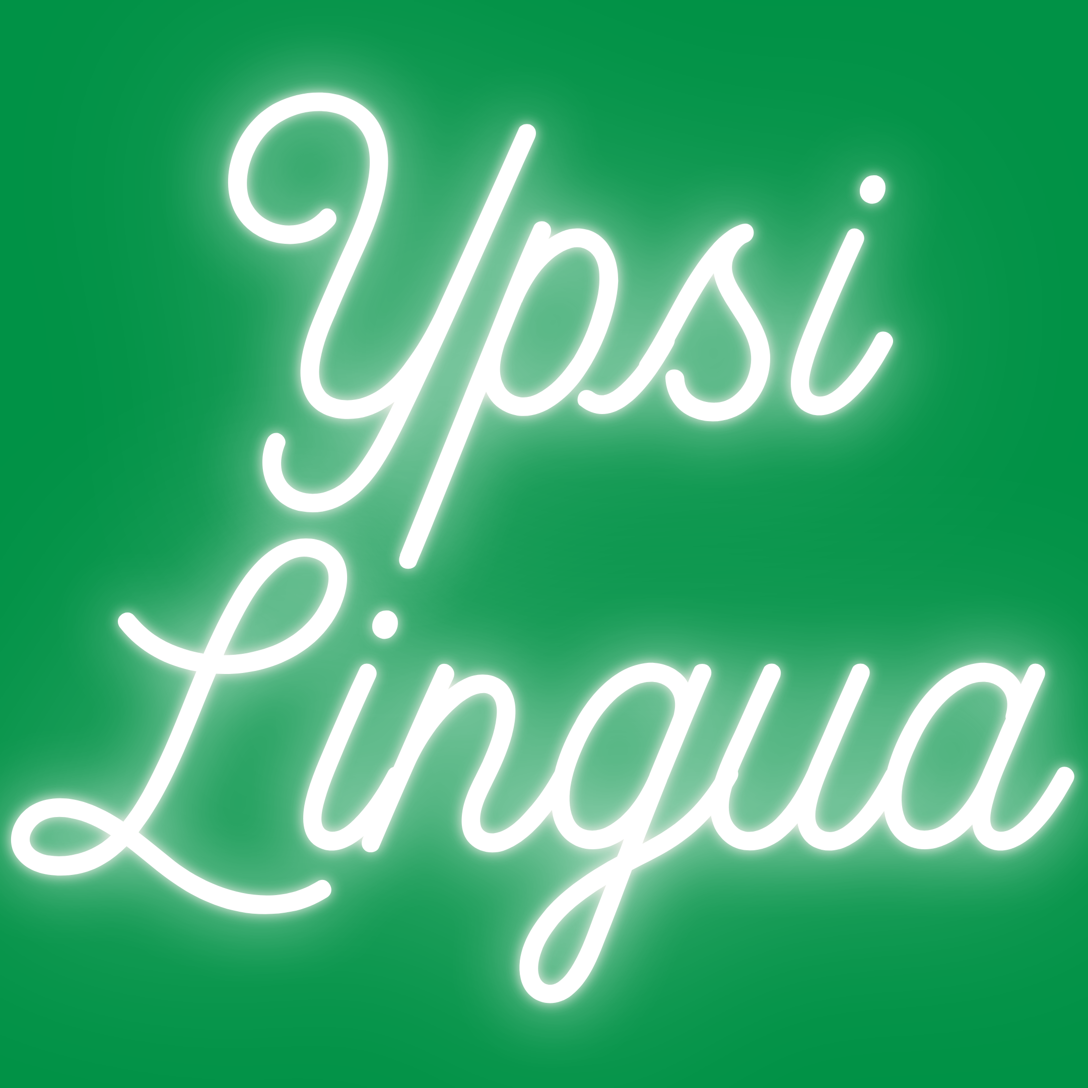 Ypsilingua logo - neon white text "YpsiLingua" on a green background