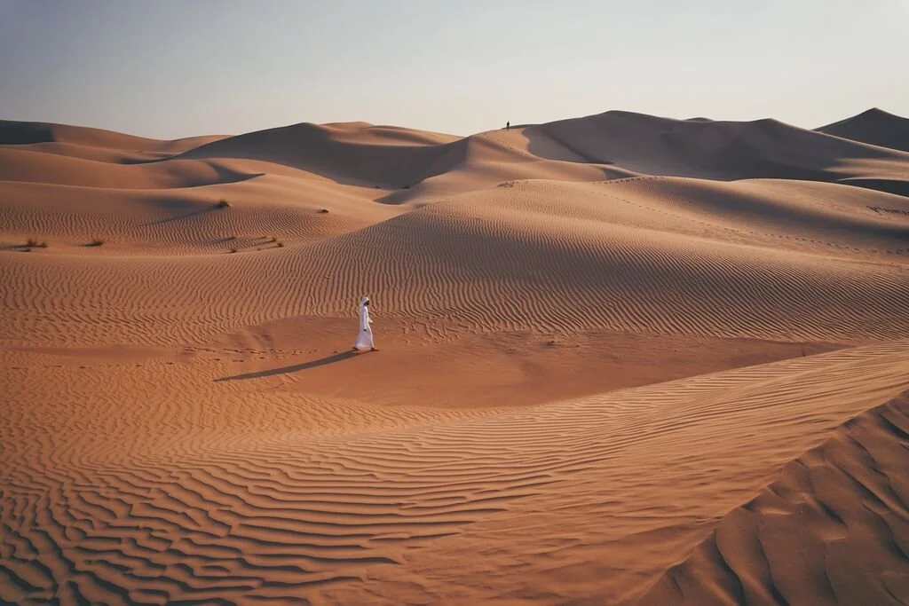 Person walking on sand dunes in a desert during sunset or sunrise.