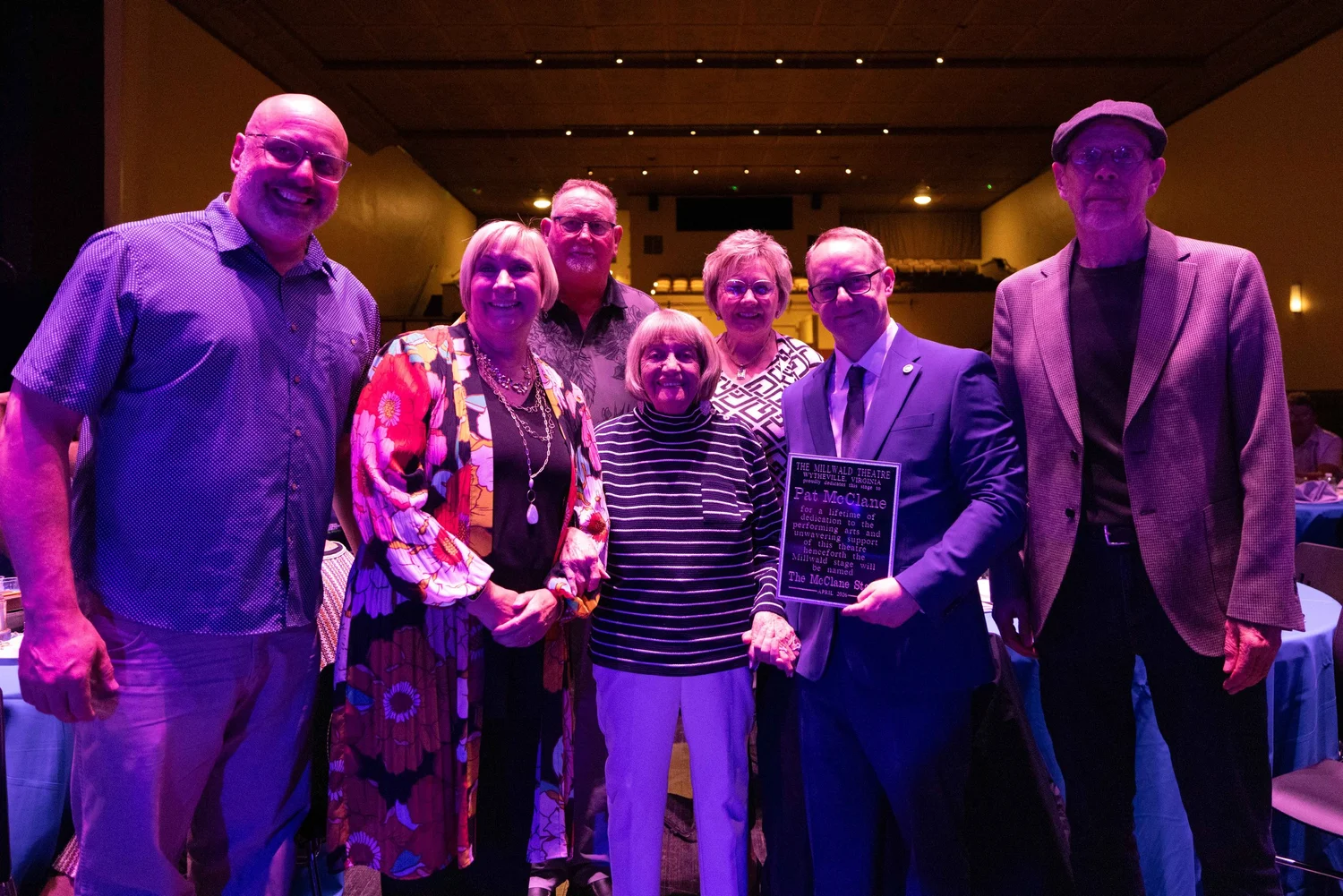 Donnie Bales, Pat McClane, and Millwald Theatre board members at the dedication of The McClane Stage