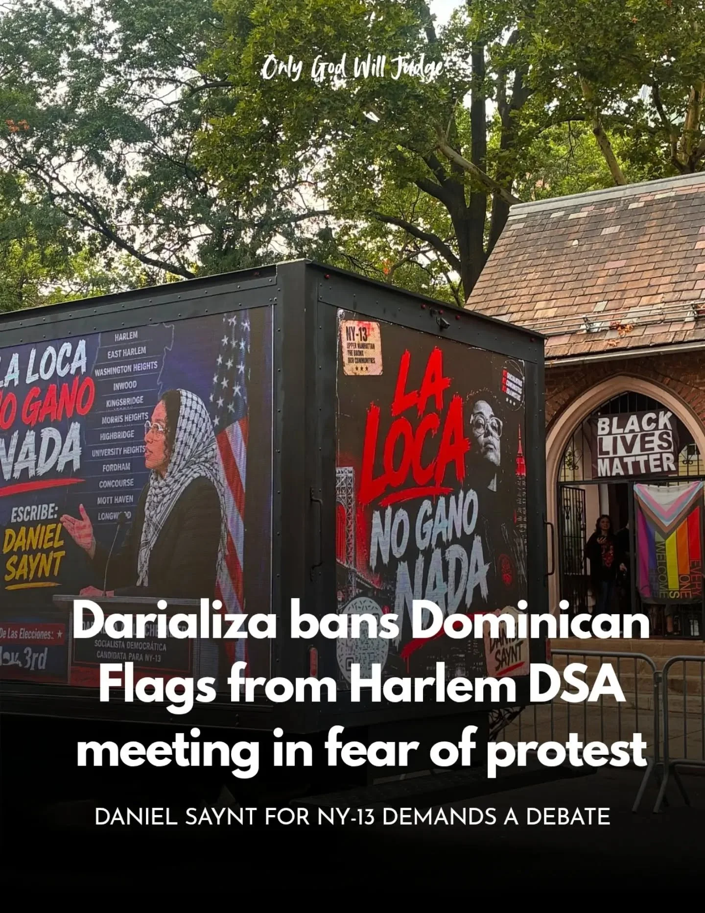Yesterday, our campaign truck found a space right in front of the DSA meeting in Harlem, where my opponent Darializa Avila Chevelier gave a speech on the benefits of collective poverty, Sharia Law and government control of businesses.

Blasting the s