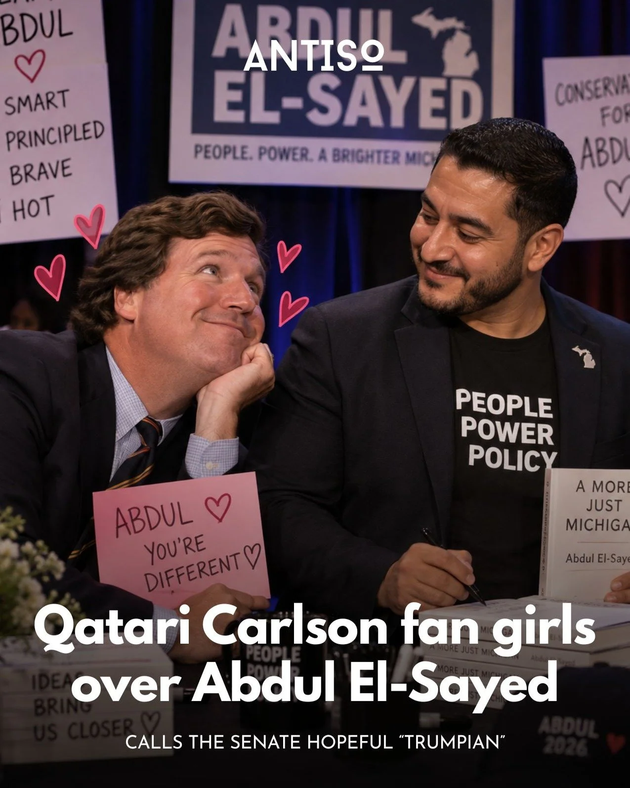 🚨 TUCKER CARLSON HAS A NEW POLITICAL CRUSH.

Apparently Tucker Carlson has found a Democrat he can get excited about: Michigan Democratic Senate candidate Abdul El-Sayed.

While discussing El-Sayed&rsquo;s campaign with Saagar Enjeti, Tucker agreed 